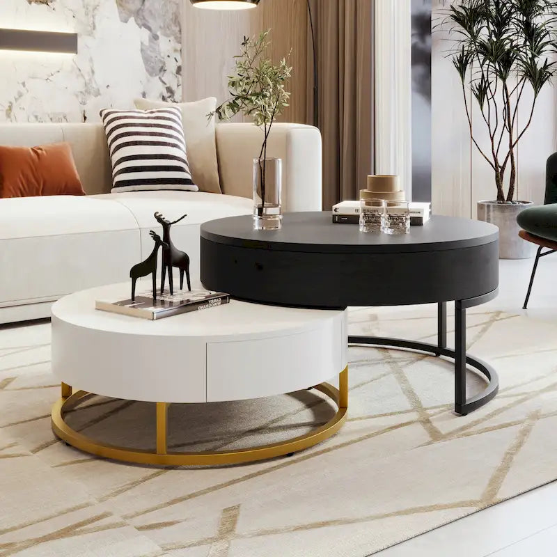 Table basse relevable ronde moderne avec tiroirs et base en métal