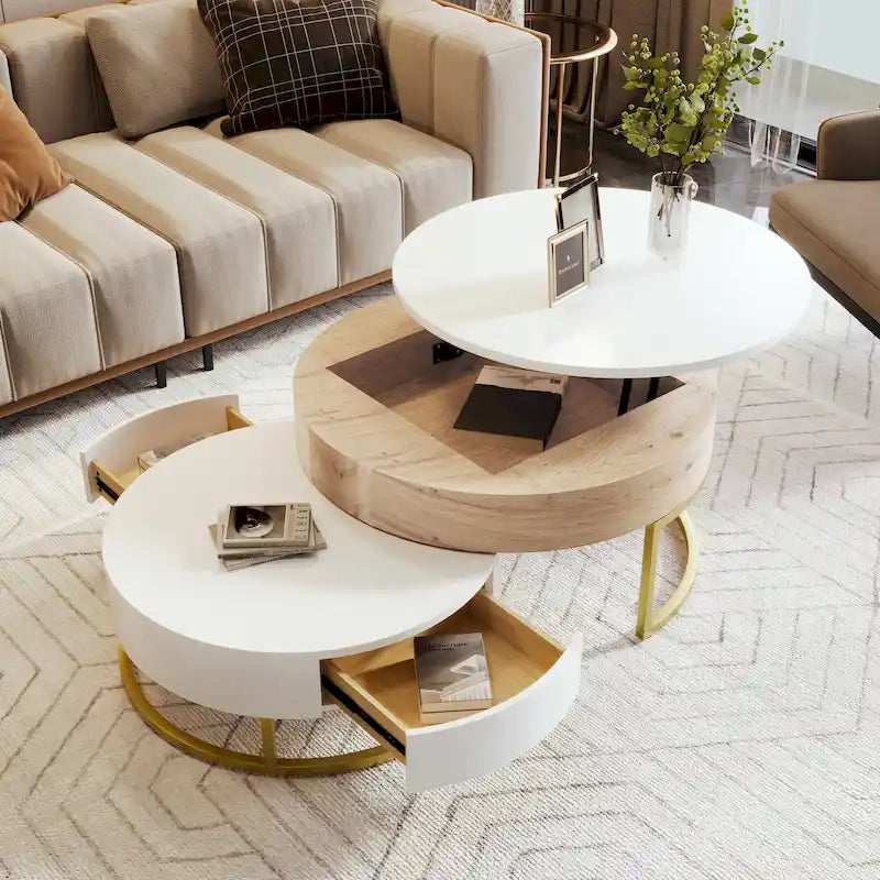 Table basse relevable ronde moderne avec tiroirs et base en métal