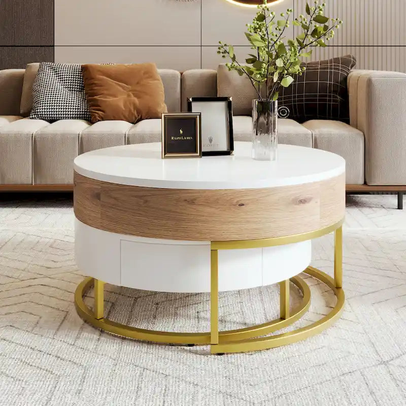 Table basse relevable ronde moderne avec tiroirs et base en métal