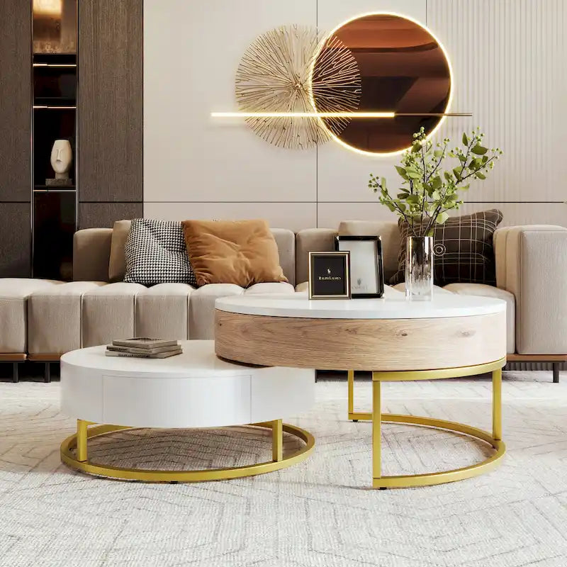 Table basse relevable ronde moderne avec tiroirs et base en métal