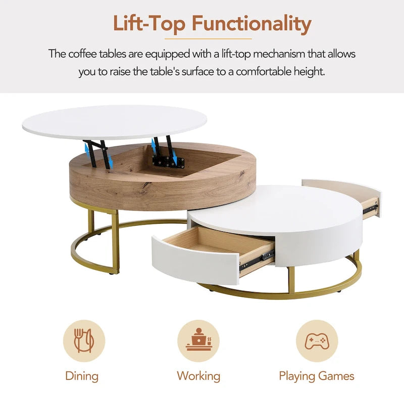 Table basse relevable ronde moderne avec tiroirs et base en métal