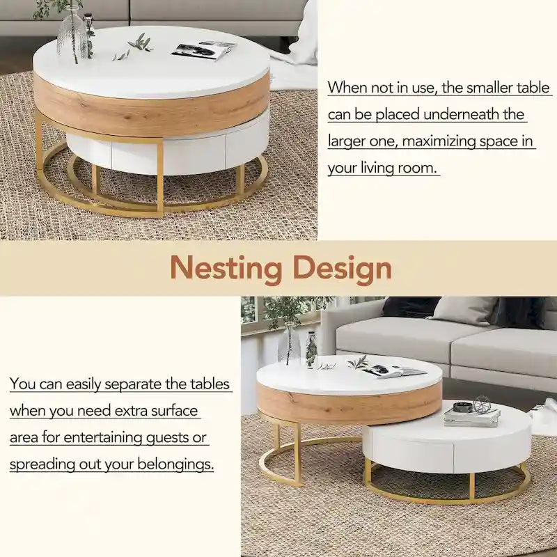 Table basse relevable ronde moderne avec tiroirs et base en métal
