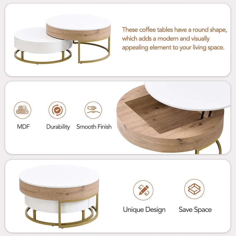 Table basse relevable ronde moderne avec tiroirs et base en métal