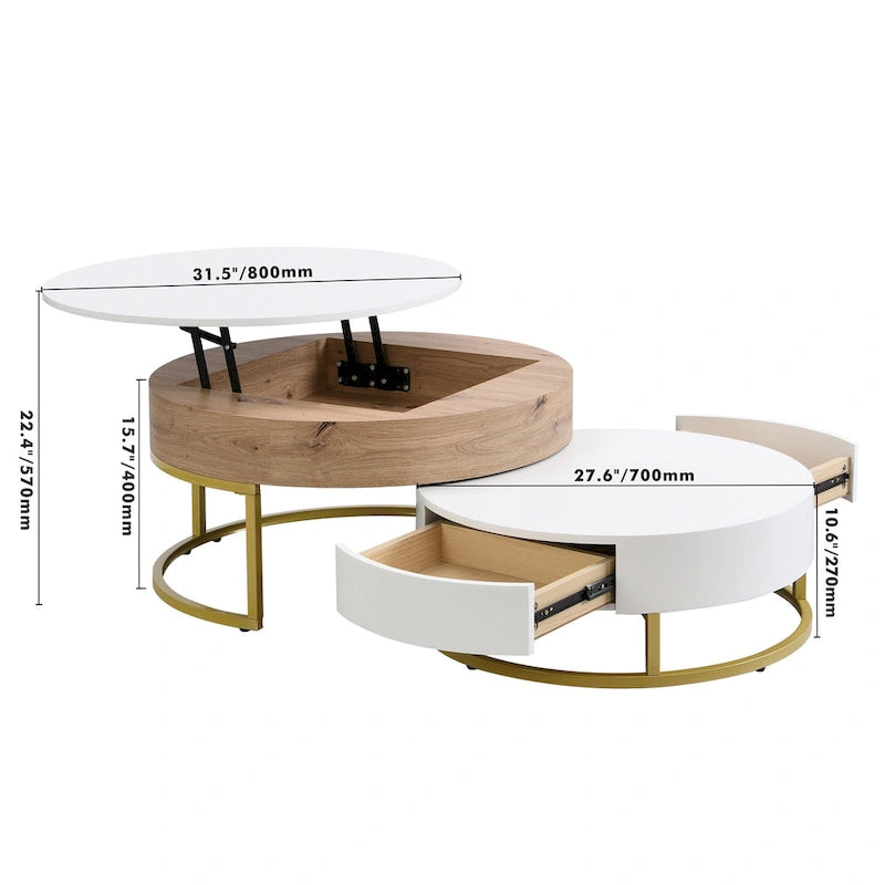 Table basse relevable ronde moderne avec tiroirs et base en métal