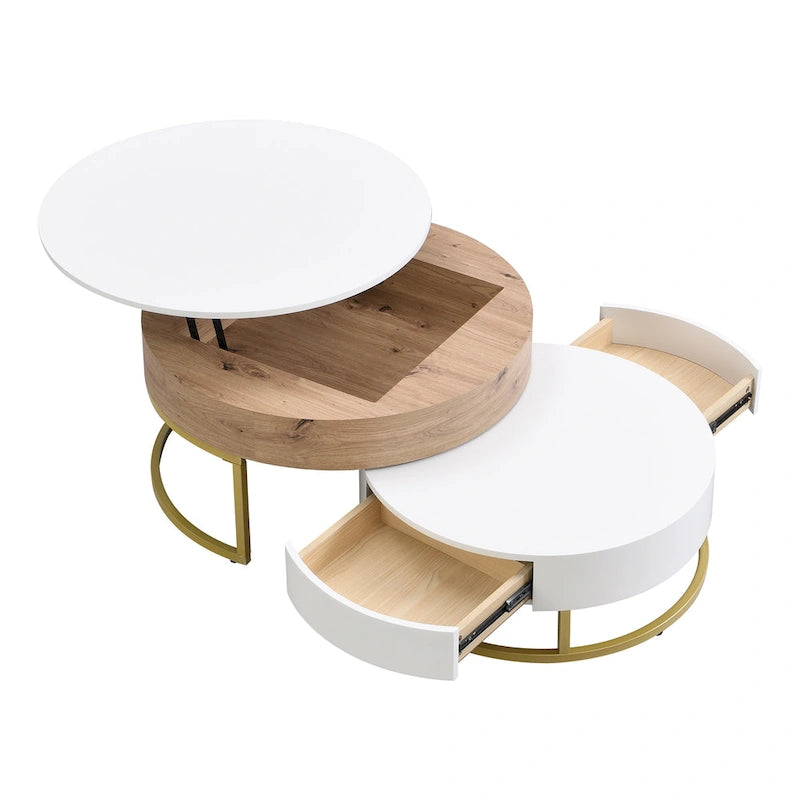 Table basse relevable ronde moderne avec tiroirs et base en métal