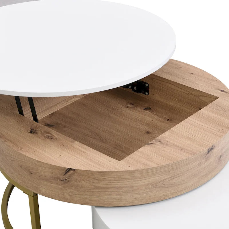 Table basse relevable ronde moderne avec tiroirs et base en métal