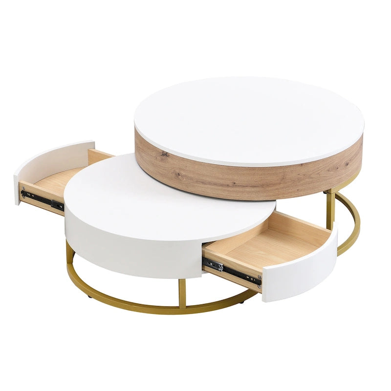 Table basse relevable ronde moderne avec tiroirs et base en métal