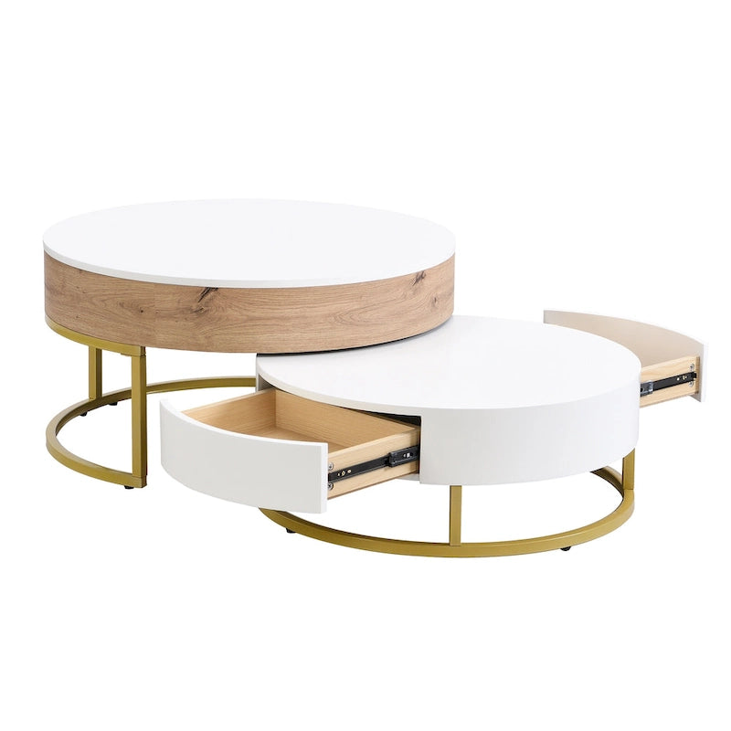 Table basse relevable ronde moderne avec tiroirs et base en métal