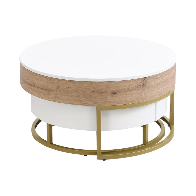 Table basse relevable ronde moderne avec tiroirs et base en métal