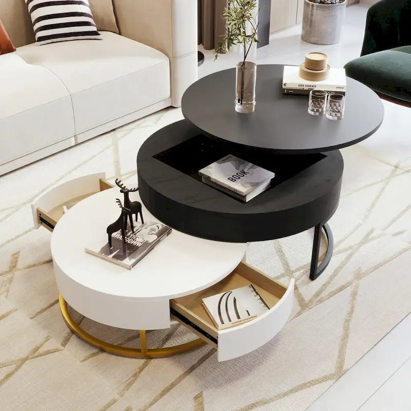 Table basse relevable ronde moderne avec tiroirs et base en métal