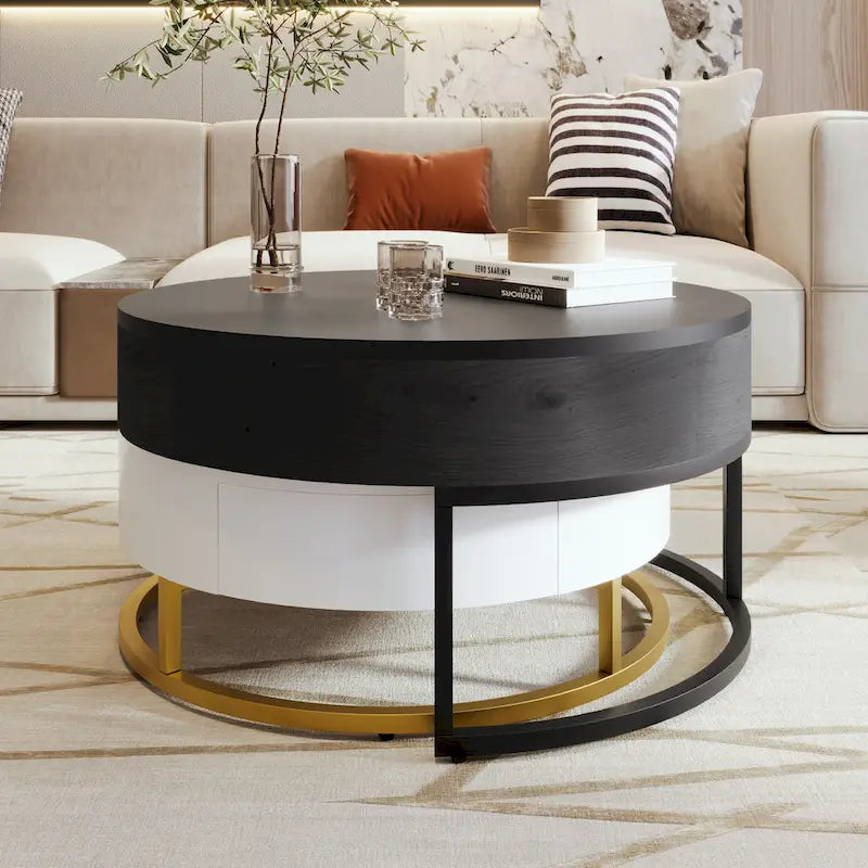 Table basse relevable ronde moderne avec tiroirs et base en métal