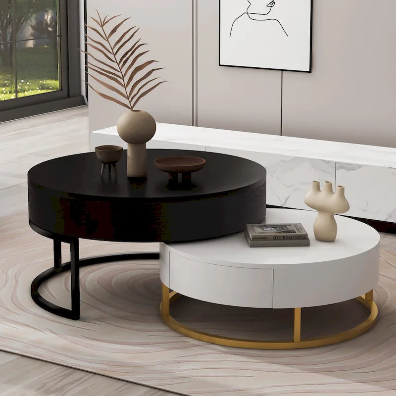 Table basse relevable ronde moderne avec tiroirs et base en métal