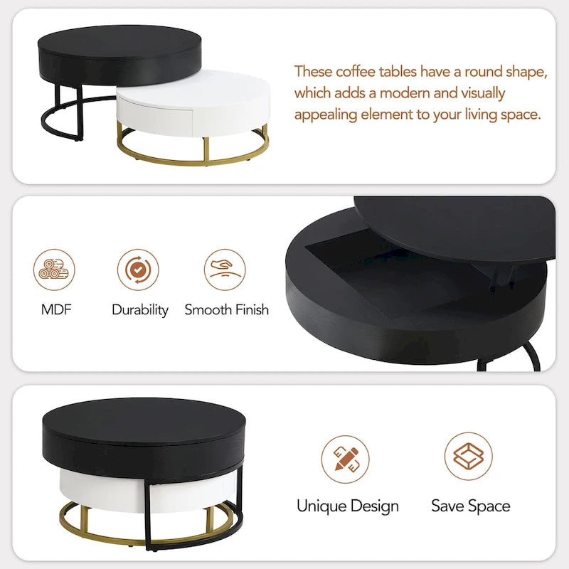 Table basse relevable ronde moderne avec tiroirs et base en métal