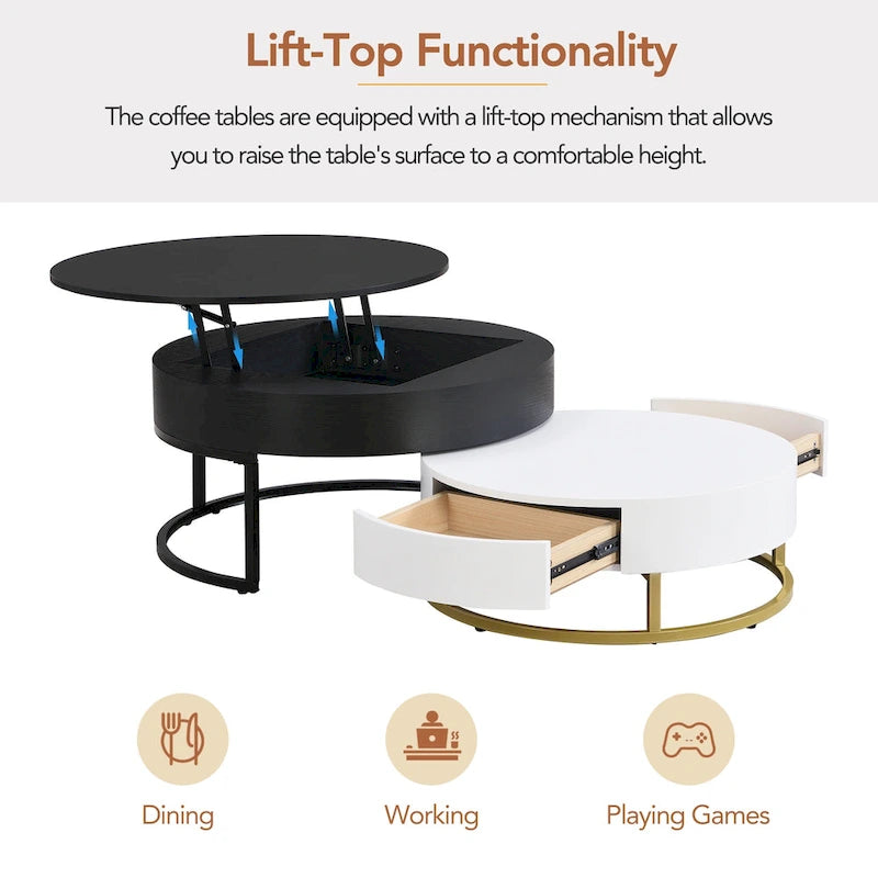 Table basse relevable ronde moderne avec tiroirs et base en métal