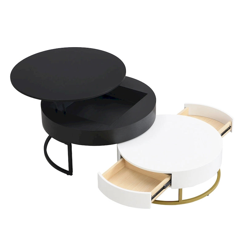 Table basse relevable ronde moderne avec tiroirs et base en métal