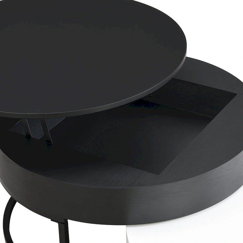 Table basse relevable ronde moderne avec tiroirs et base en métal