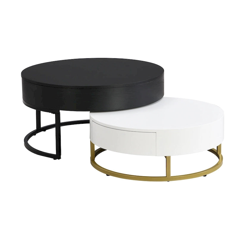 Table basse relevable ronde moderne avec tiroirs et base en métal