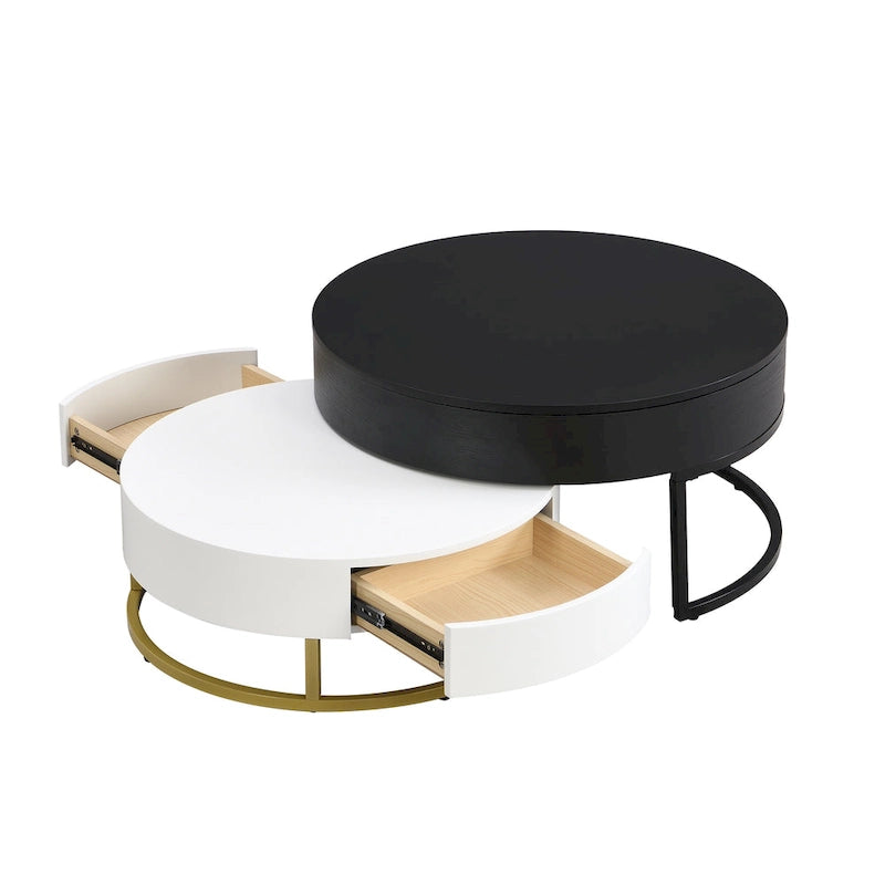 Table basse relevable ronde moderne avec tiroirs et base en métal