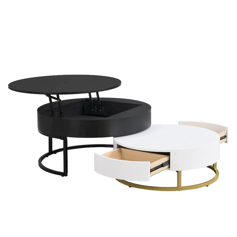 Table basse relevable ronde moderne avec tiroirs et base en métal