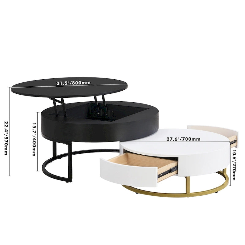 Table basse relevable ronde moderne avec tiroirs et base en métal
