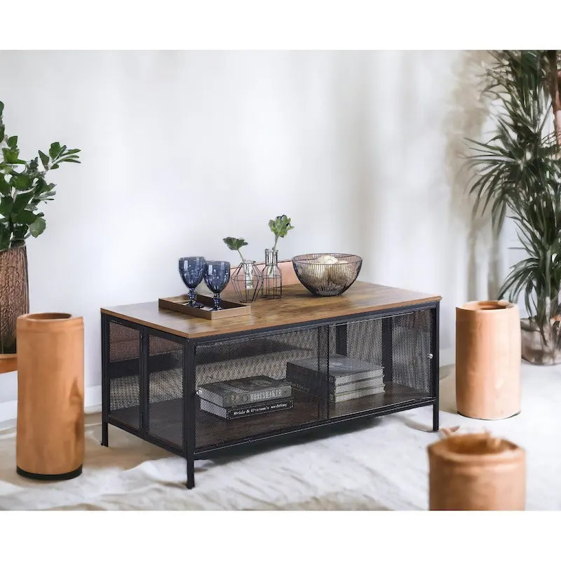 Table basse rectangulaire pliante industrielle avec étagère grillagée effet chêne antique et métal noir