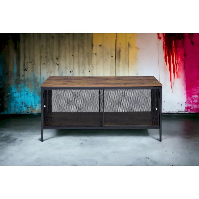 Table basse rectangulaire pliante industrielle avec étagère grillagée effet chêne antique et métal noir