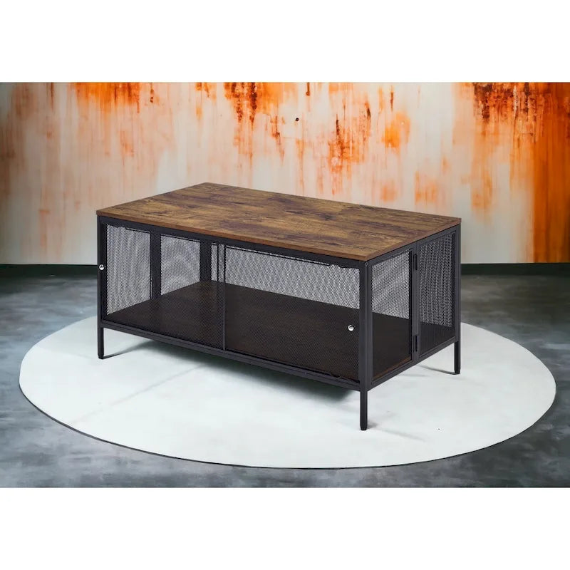 Table basse rectangulaire pliante industrielle avec étagère grillagée effet chêne antique et métal noir
