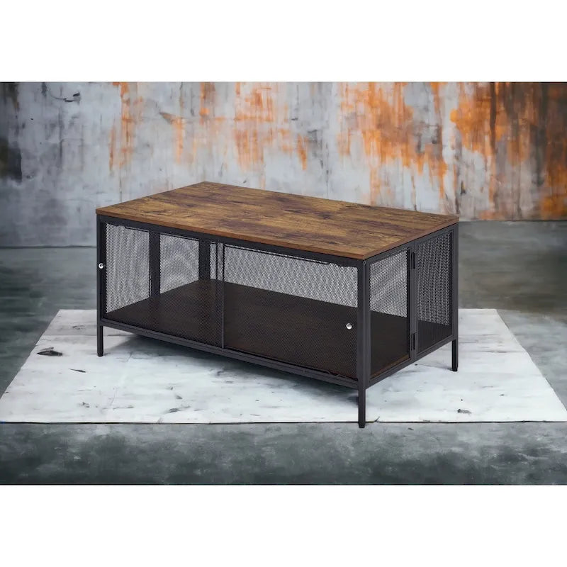 Table basse rectangulaire pliante industrielle avec étagère grillagée effet chêne antique et métal noir