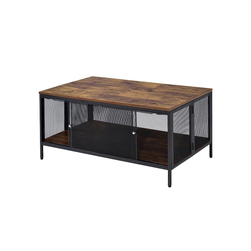 Table basse rectangulaire pliante industrielle avec étagère grillagée effet chêne antique et métal noir