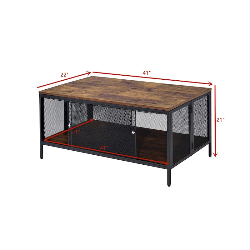 Table basse rectangulaire pliante industrielle avec étagère grillagée effet chêne antique et métal noir