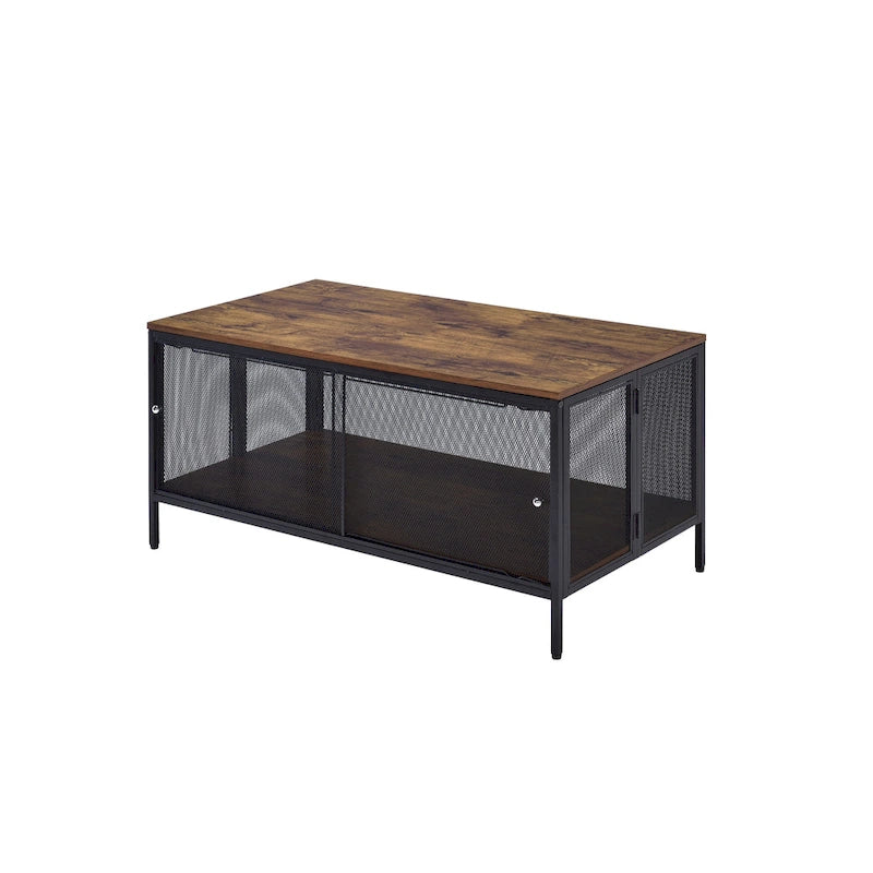 Table basse rectangulaire pliante industrielle avec étagère grillagée effet chêne antique et métal noir