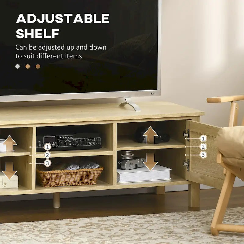 Boho Chic Natural Wood TV Stand with Rattan Doors Open Shelves Media Console