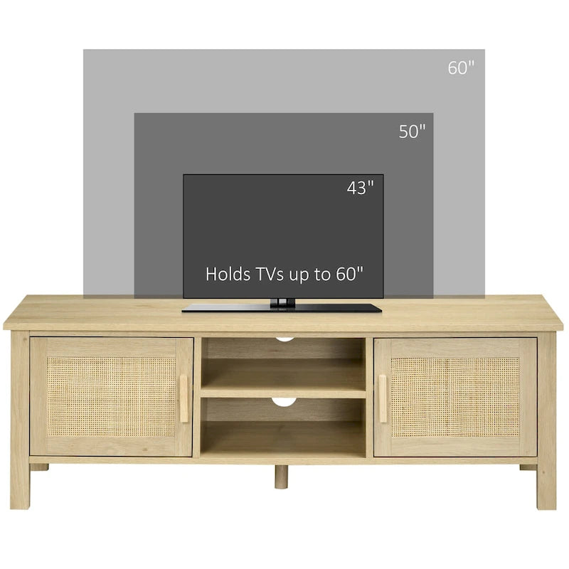 Meuble TV Bohème Chic en Bois Naturel avec Portes en Rotin, Étagères Ouvertes, Console Média