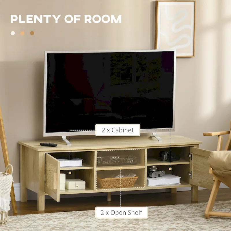 Meuble TV Bohème Chic en Bois Naturel avec Portes en Rotin, Étagères Ouvertes, Console Média