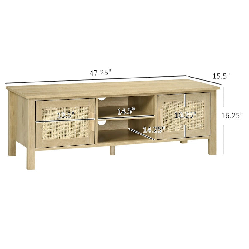 Meuble TV Bohème Chic en Bois Naturel avec Portes en Rotin, Étagères Ouvertes, Console Média