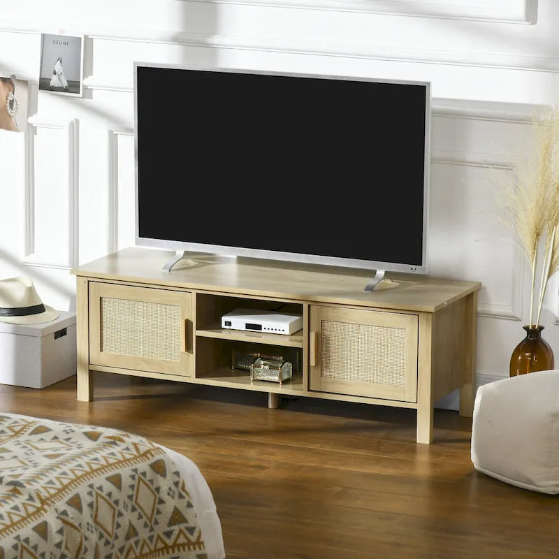 Meuble TV Bohème Chic en Bois Naturel avec Portes en Rotin, Étagères Ouvertes, Console Média