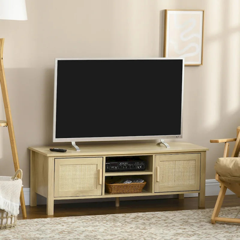 Boho Chic Natural Wood TV Stand with Rattan Doors Open Shelves Media Console