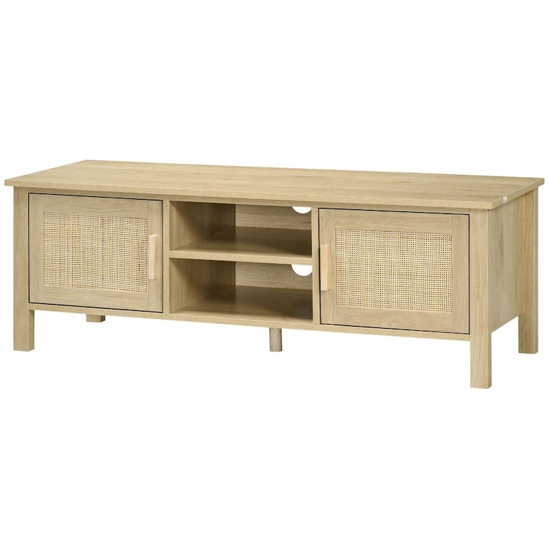 Meuble TV Bohème Chic en Bois Naturel avec Portes en Rotin, Étagères Ouvertes, Console Média
