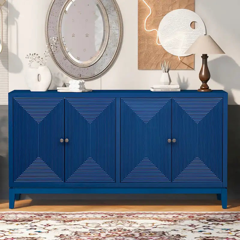 Buffet bahut de rangement noir à quatre portes avec motif à rayures verticales