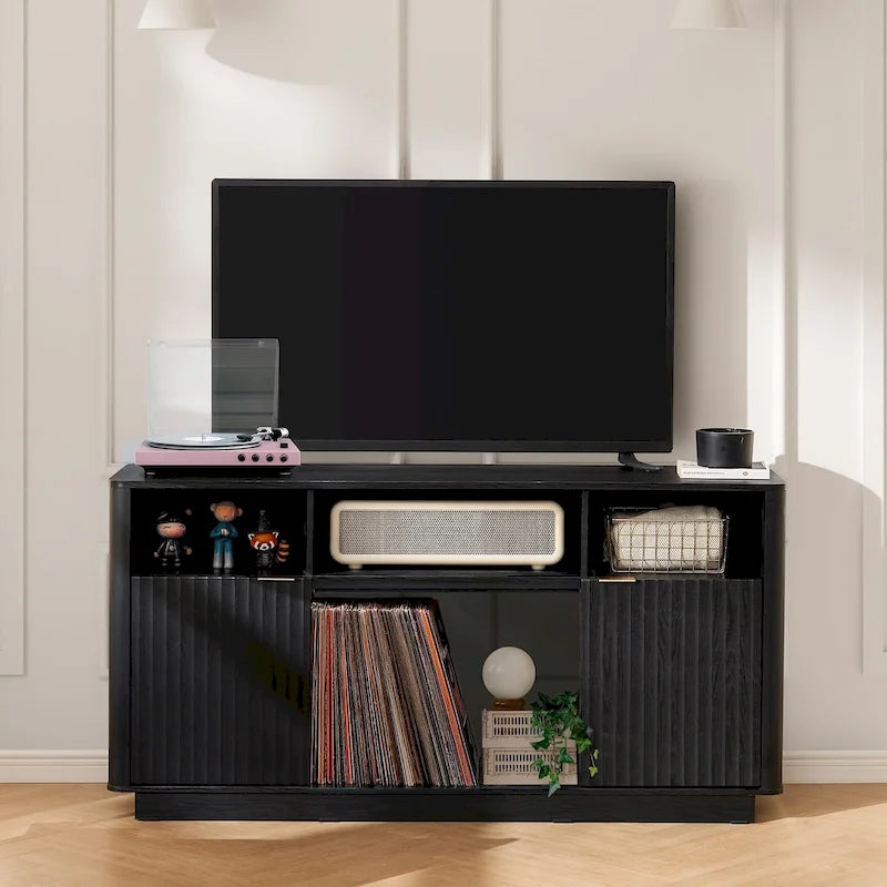Electric Fireplace TV Stand with Fluted Panel and Gold Handles Black