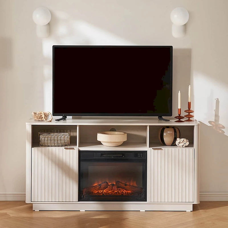 Electric Fireplace TV Stand with Fluted Panel and Gold Handles Black