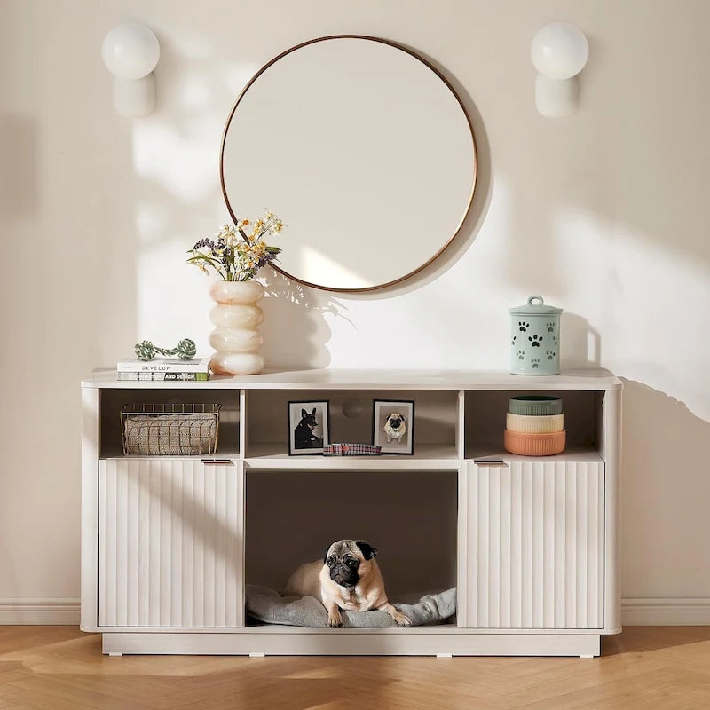 Electric Fireplace TV Stand with Fluted Panel and Gold Handles Black