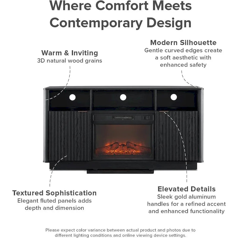 Electric Fireplace TV Stand with Fluted Panel and Gold Handles Black