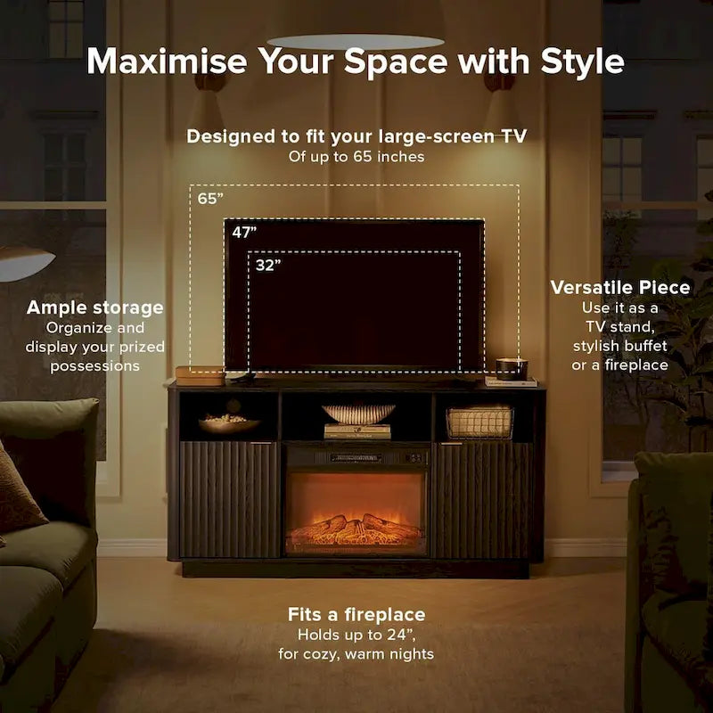 Meuble TV avec cheminée électrique, panneaux cannelés et poignées dorées, noir
