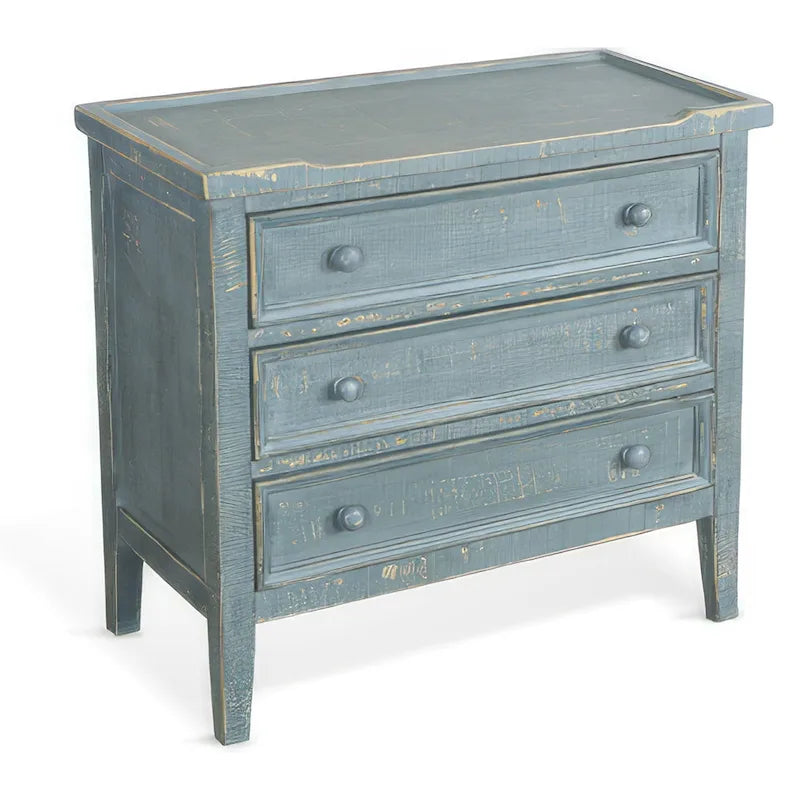 Table d'appoint rustique en bois vieilli avec 3 tiroirs vert jonc de mer