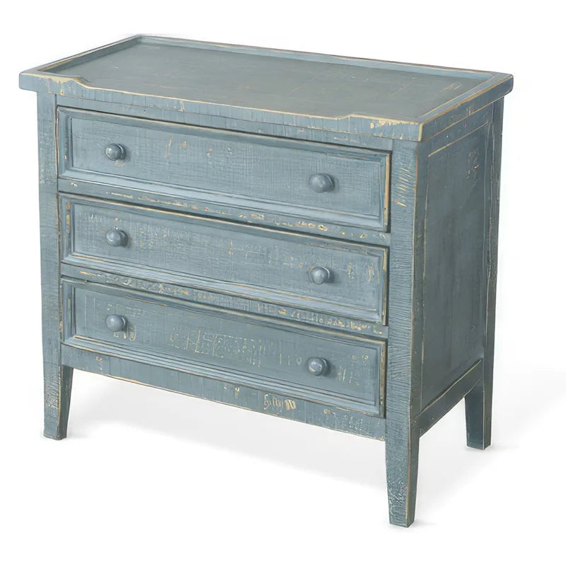 Table d'appoint rustique en bois vieilli avec 3 tiroirs vert jonc de mer
