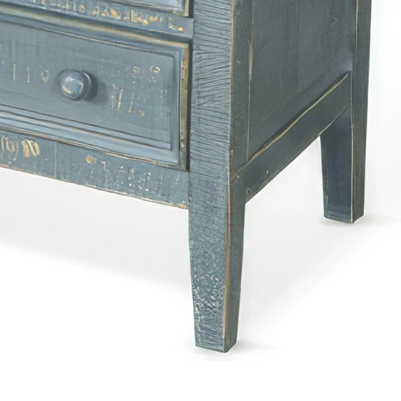 Table d'appoint rustique en bois vieilli avec 3 tiroirs vert jonc de mer
