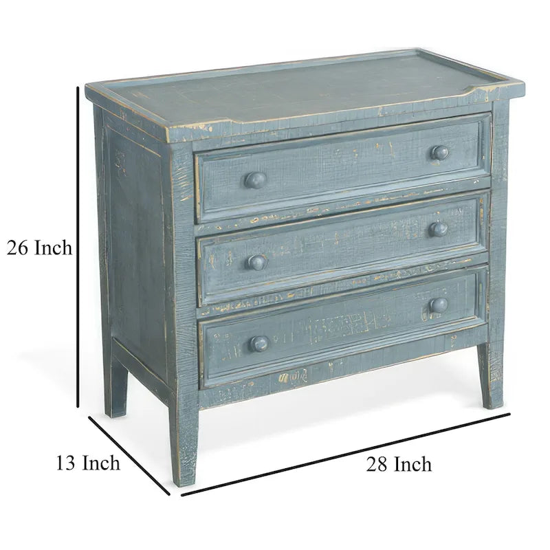 Table d'appoint rustique en bois vieilli avec 3 tiroirs vert jonc de mer