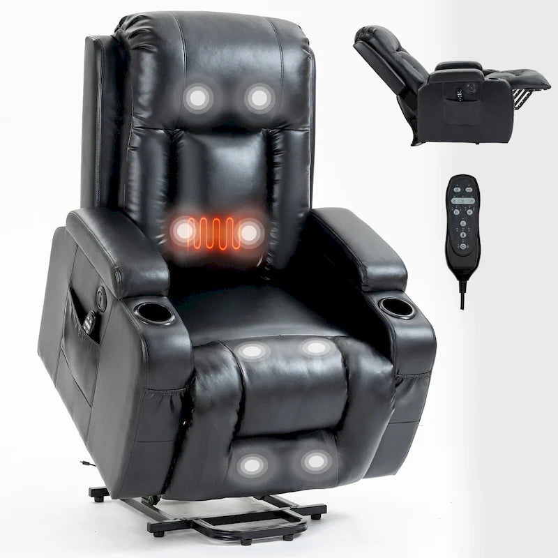 Fauteuil inclinable releveur avec massage, chauffage, ports USB et porte-gobelets noir