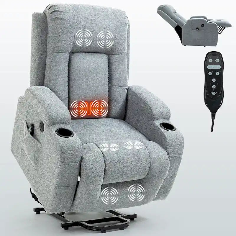 Fauteuil inclinable releveur avec massage, chauffage, ports USB et porte-gobelets noir